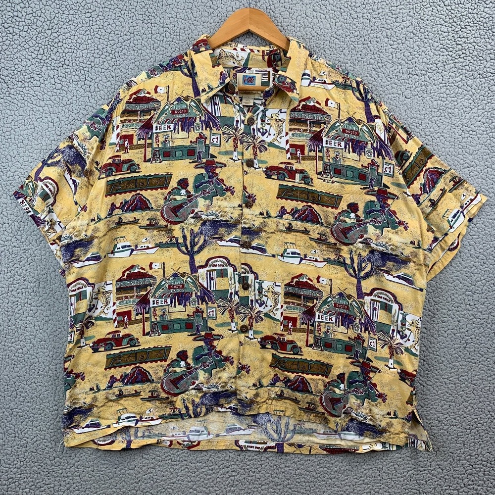 Kahala Casual Button-Down Shirt Men's Yellow XXL Rayon Hawaiian Islands AOP